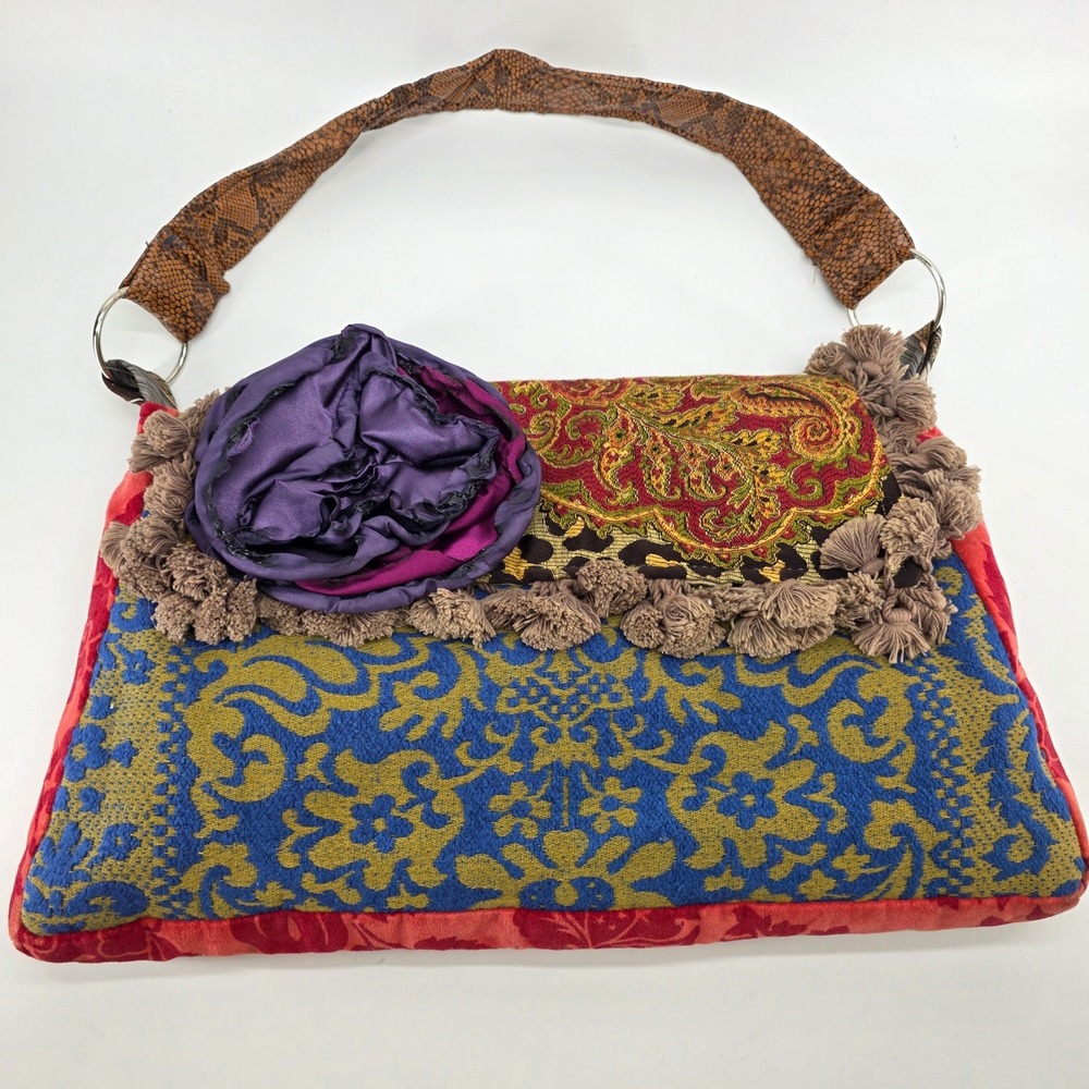 Patchwork Tapestry Shoulder Bag Textured Tassels Velvet Rosette Boho Whimsigoth
